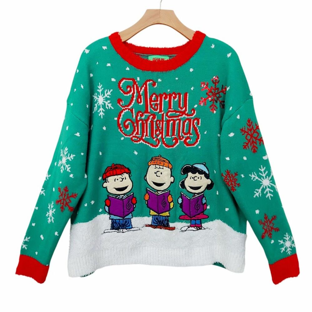 Peanuts Charlie Brown Christmas Sweater Womens XL Green Crew Neck Holiday Knit